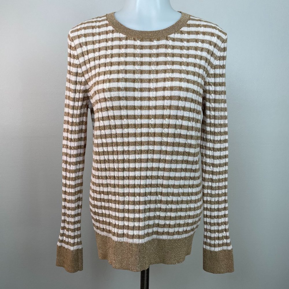 Talbots Sweater MP Medium Petite Metallic Gold Striped Crew Neck Cable Knit